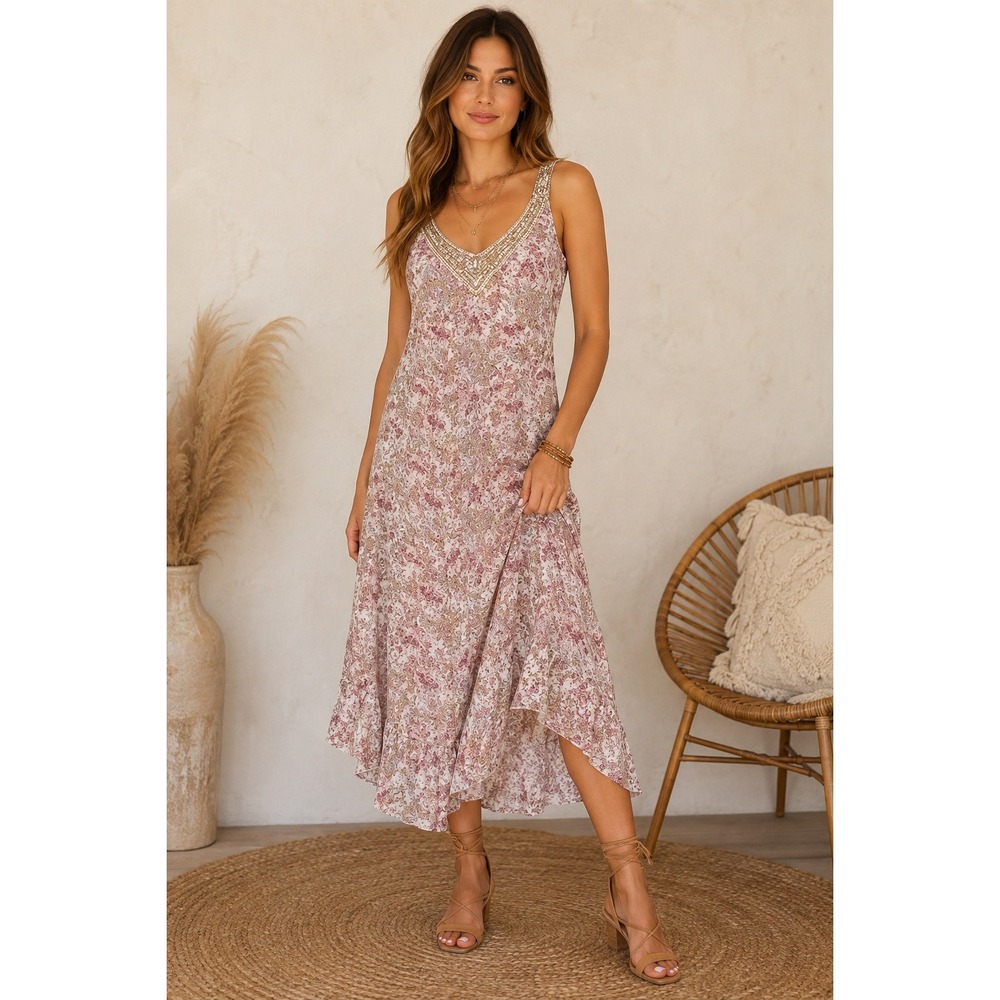Aryeh Pink Floral Beaded Neckline Midi Dress Womens M Boho